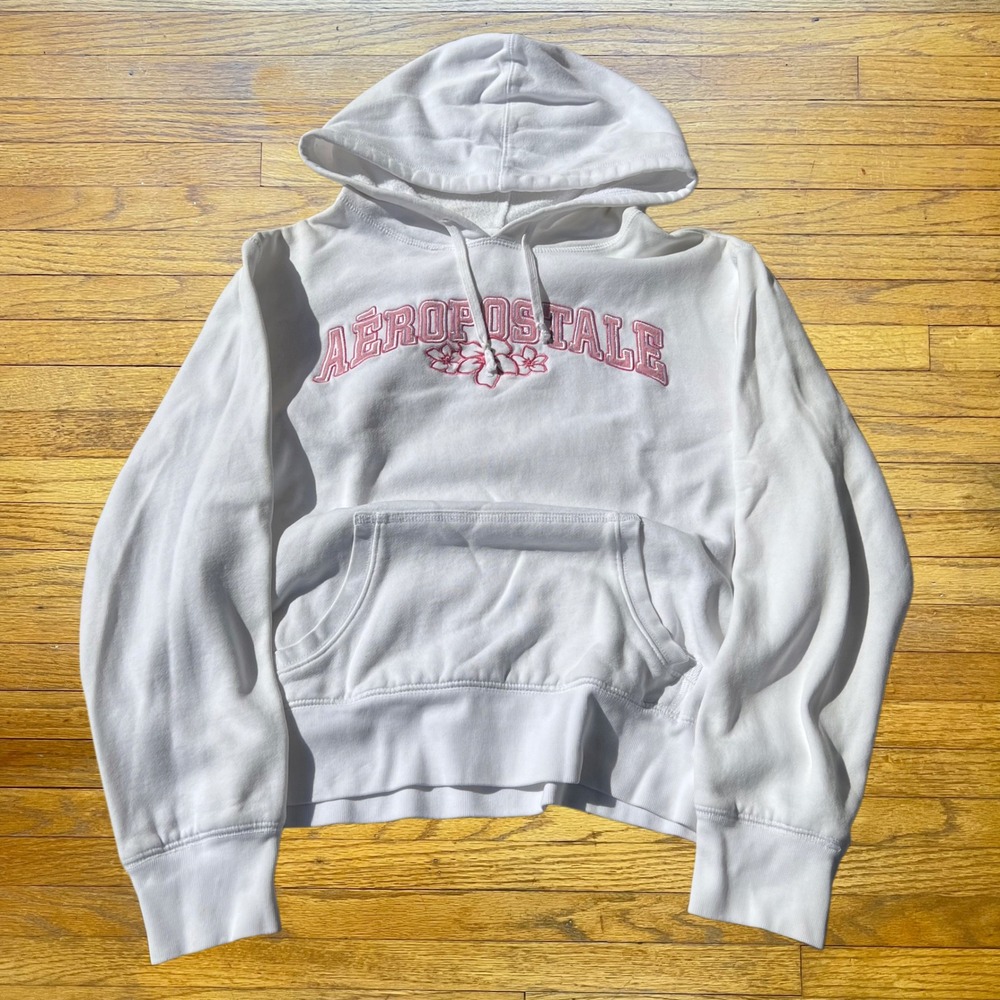 Aeropostale Womens White Embroidered Logo Floral Hibiscus Hoodie Sweatshirt S